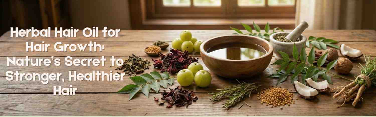 Herbal hair oil with Ayurvedic ingredients promoting natural hair growth and scalp health